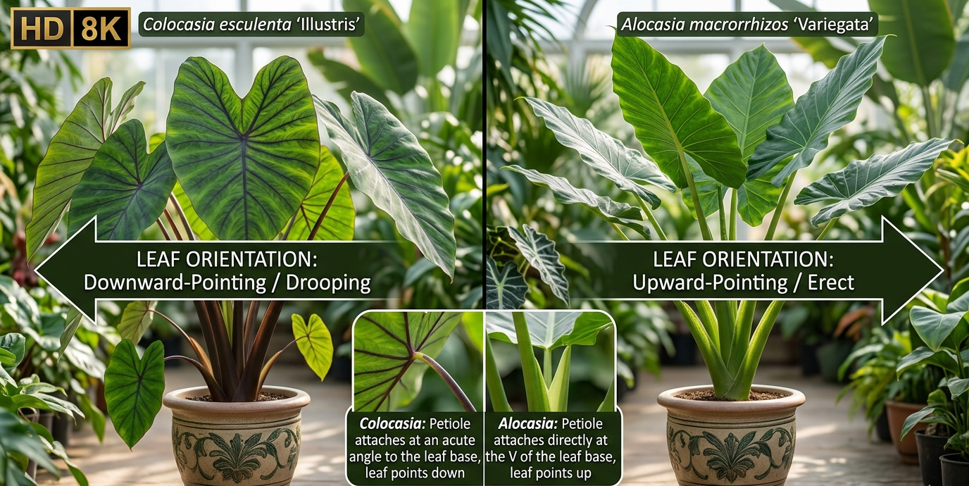 Comparison of Colocasia vs Alocasia elephant ear plants showing leaf orientation.