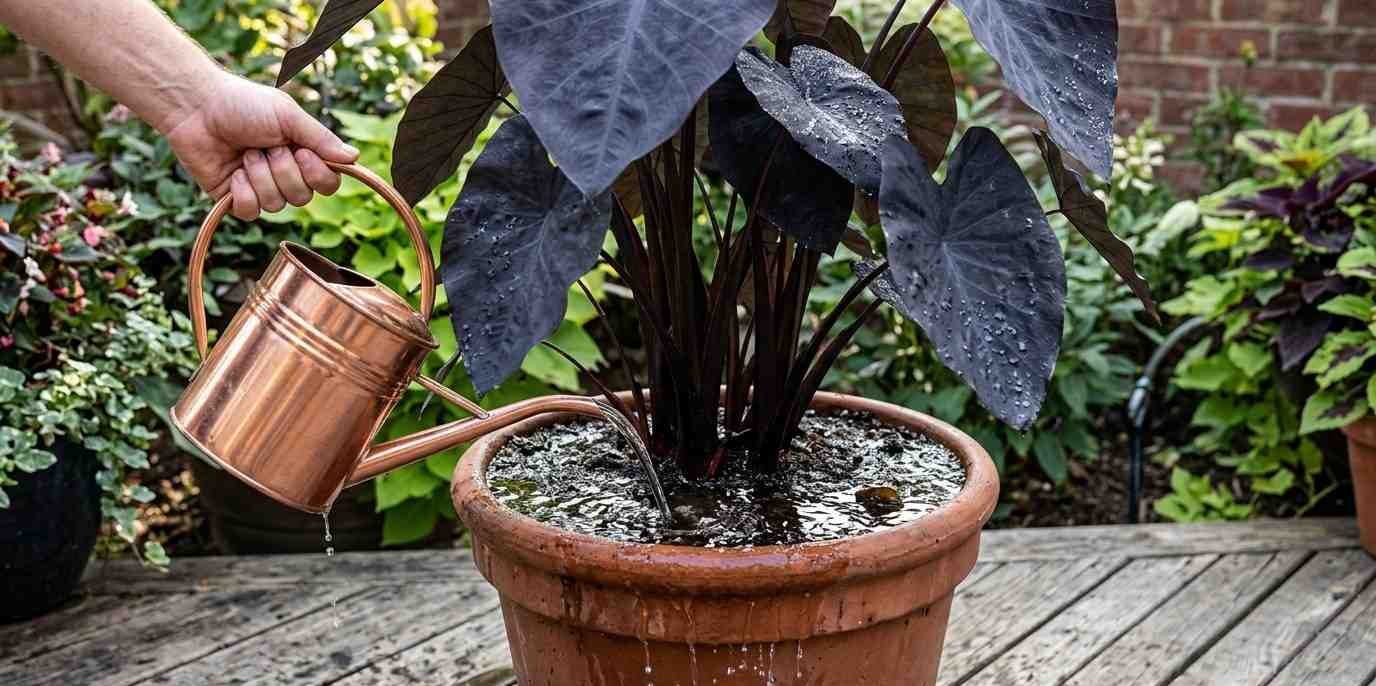 Watering a Black Elephant Ear plant thoroughly to ensure soil moisture.
