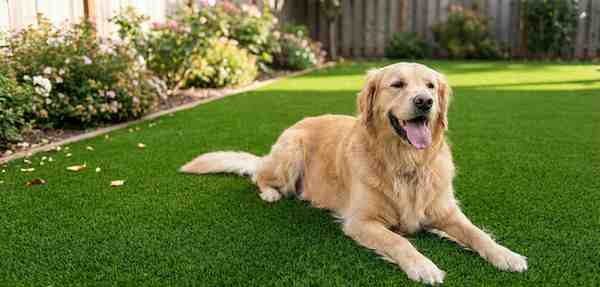 Happy dog resting on realistic synthetic grass for pets in a backyard.