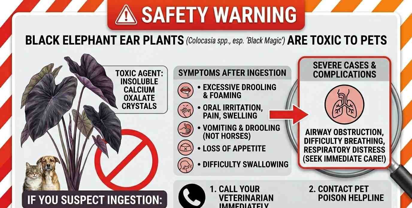 Safety warning graphic indicating Black Elephant Ear plants are toxic to pets if ingested.