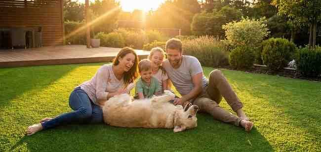 Family enjoying a clean, maintenance-free artificial backyard with their pet.