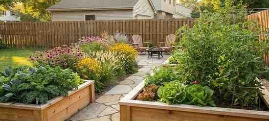 greens and tomato plants supported by cages