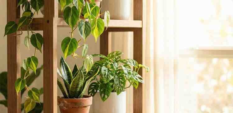 indoor houseplants on a wooden shelving unit. 