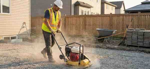 Preparing the sub-base for artificial grass installation to ensure drainage.