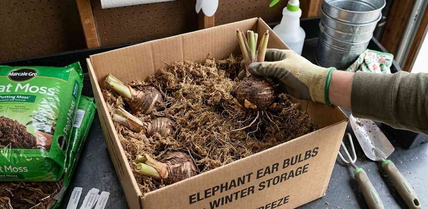 Storing elephant ear bulbs in peat moss for winter protection.