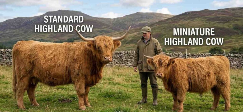 standard Highland cow next to a Mini Highland Cow