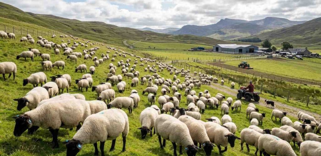 flock of Suffolk ewes grazing on a hillside,