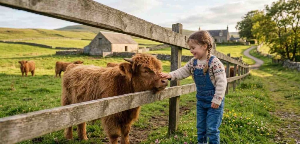 A baby touch the highland cow