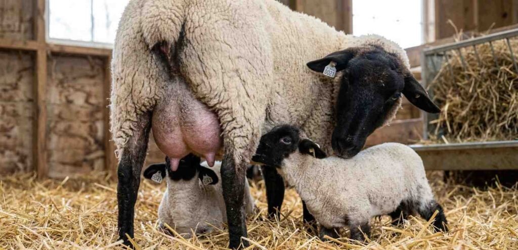 a Suffolk ewe nursing twin lambs
