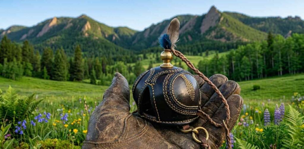 Close-up of a falconry hood on leather equipment.