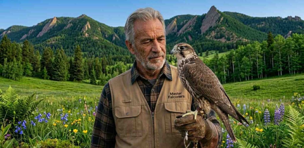 A falconer in a field holding a magnificent peregrine falcon