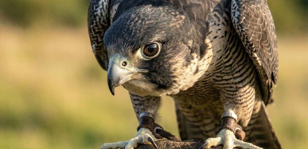 A majestic Peregrine falcon resting on a gloved hand