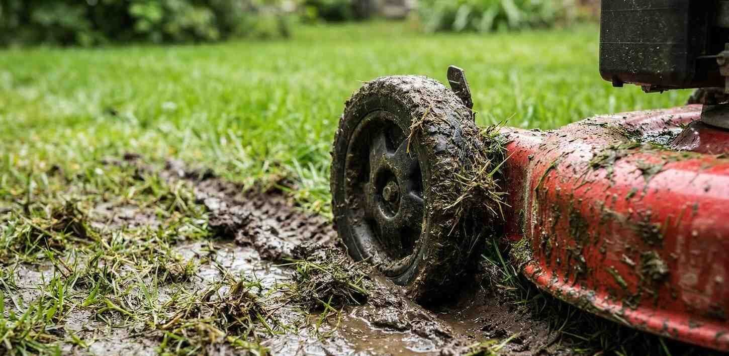 Mowing machine on wet grass