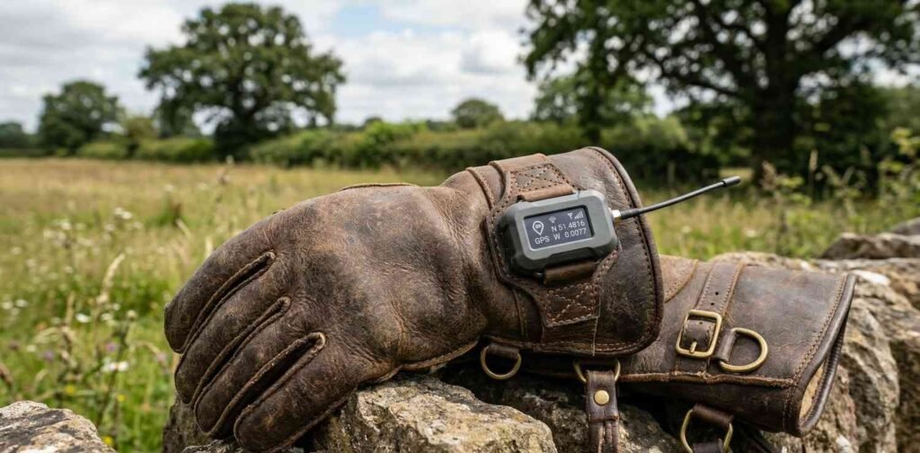 Leather falconry gloves with a GPS telemetry tracking device.