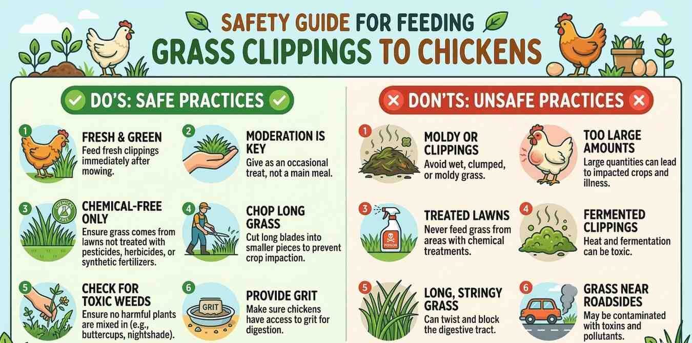 Safety guide for feeding grass clippings to chickens.