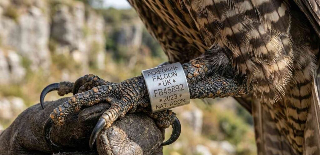A close-up of a seamless metal band on a falcon's leg