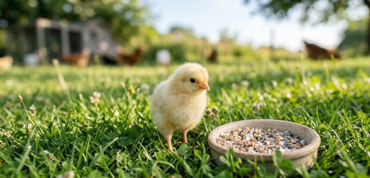 Baby chick on grass with grit