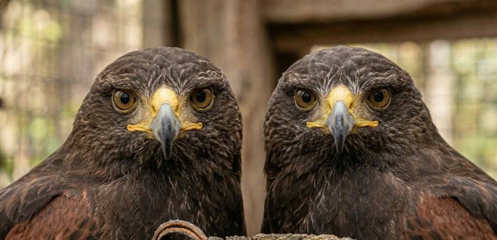 Two Harris Hawks sitting together in a wooden aviary.