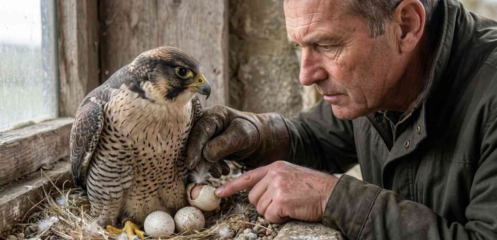 A falconer carefully inspects a bird of prey laying eggs.