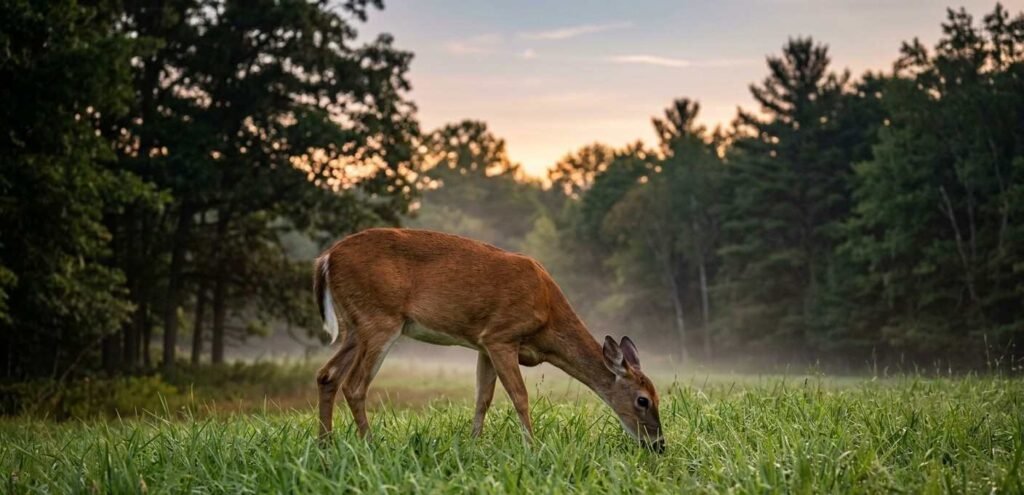 A wild white-tailed deer grazing on tender green Bermuda grass at the edge of a forest during dawn.