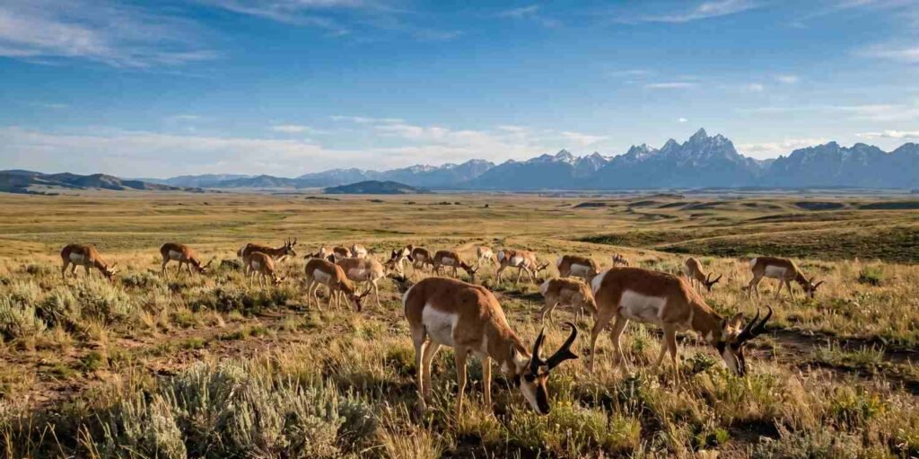  A herd of pronghorn antelope foraging for food in a vast North American grassland antelope foraging for food in a vast North American grassland