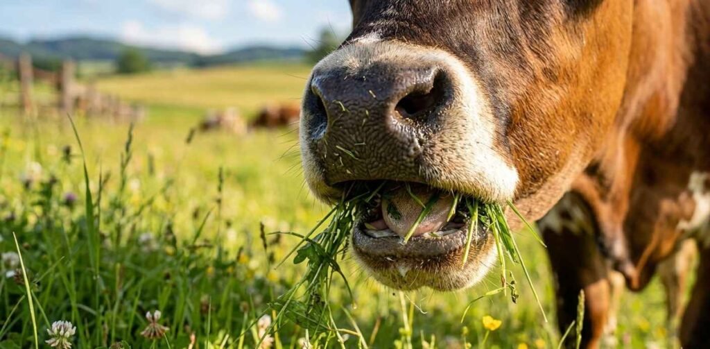 Close-up of a cow’s mouth chewing lush green grass in a sunlit meadow.
