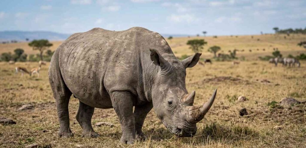 A huge grey white rhinoceros grazing on short savanna grass with its wide square lips