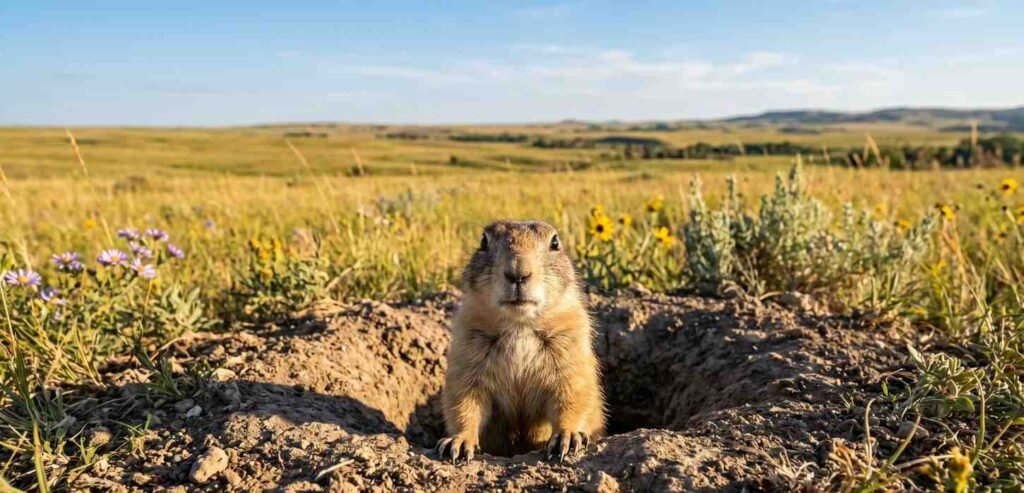 A curious prairie dog peeking out of its burrow in a sunlit field.