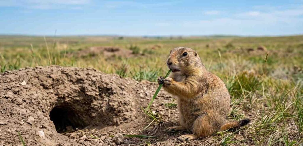 A black-tailed prairie dog eating a blade of buffalo grass near its burrow