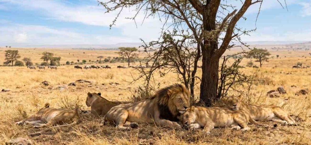 Lions relaxing in the hot afternoon sun on the dry yellow grass of the Serengeti