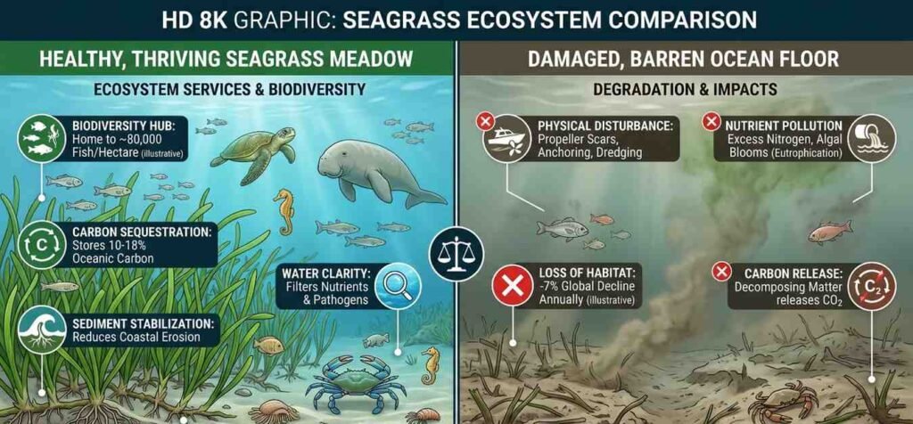 A comparison split-screen showing a healthy, thriving seagrass meadow next to a damaged, barren ocean floor.