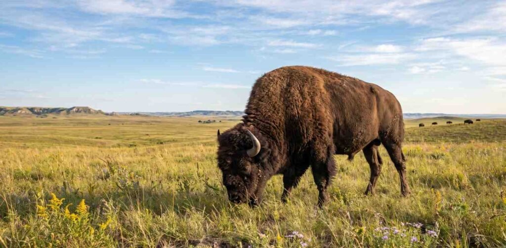 A massive brown bison grazing peacefully in a vast North American prairie.