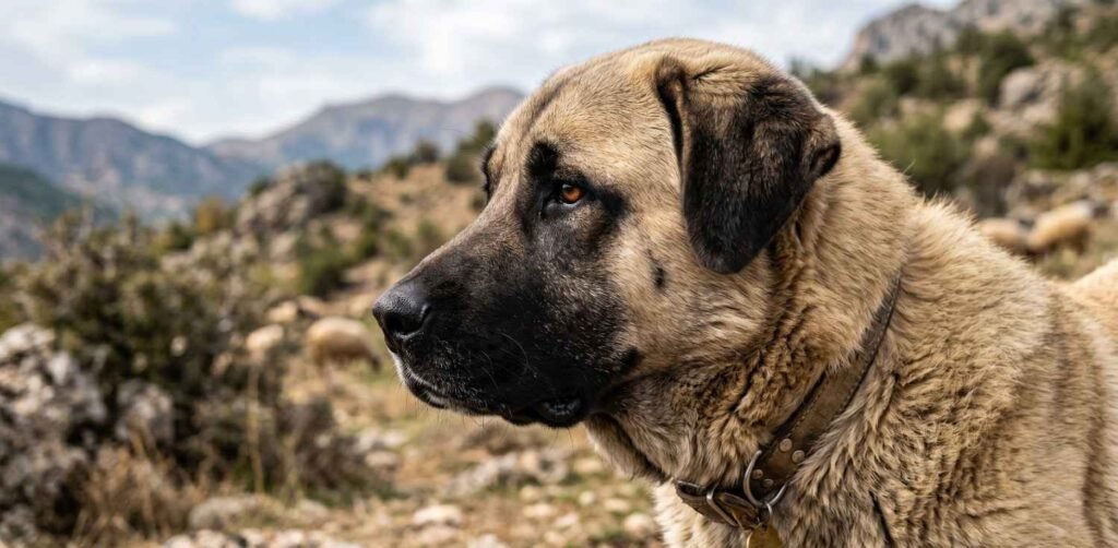 Close up profile of an Anatolian Shepherd with a thick fawn coat and a distinct black mask on its face