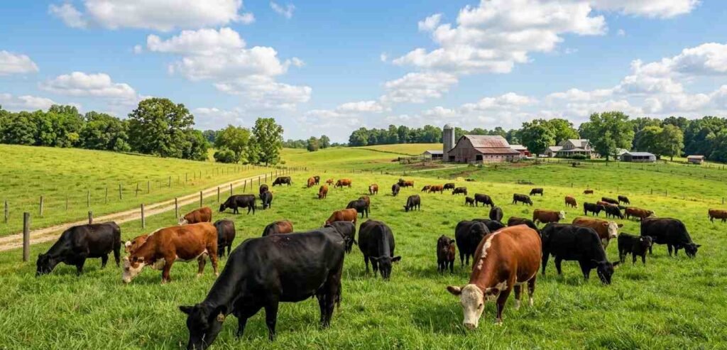 A herd of healthy beef cattle grazing peacefully in a lush green Bermuda grass pasture under a sunny sky.