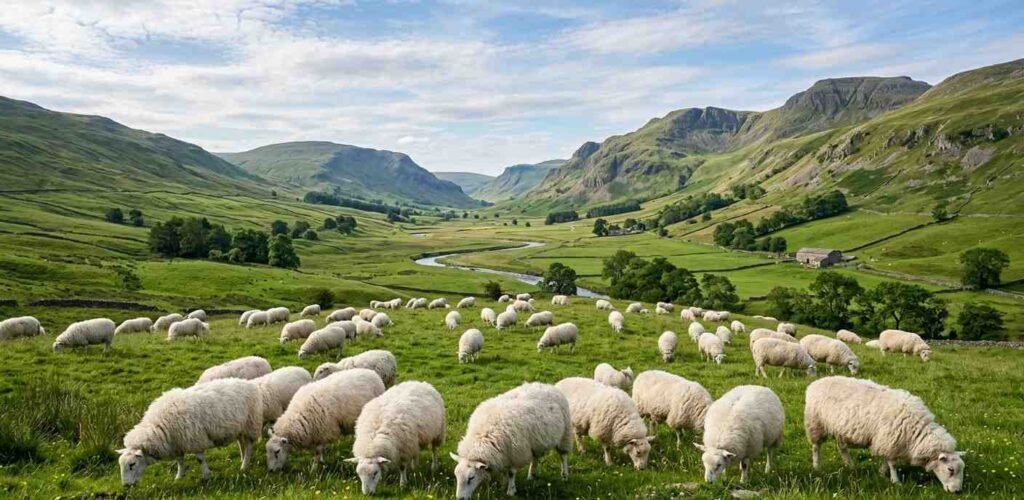 A group of fluffy white sheep eating low to the earth in a wide green valley