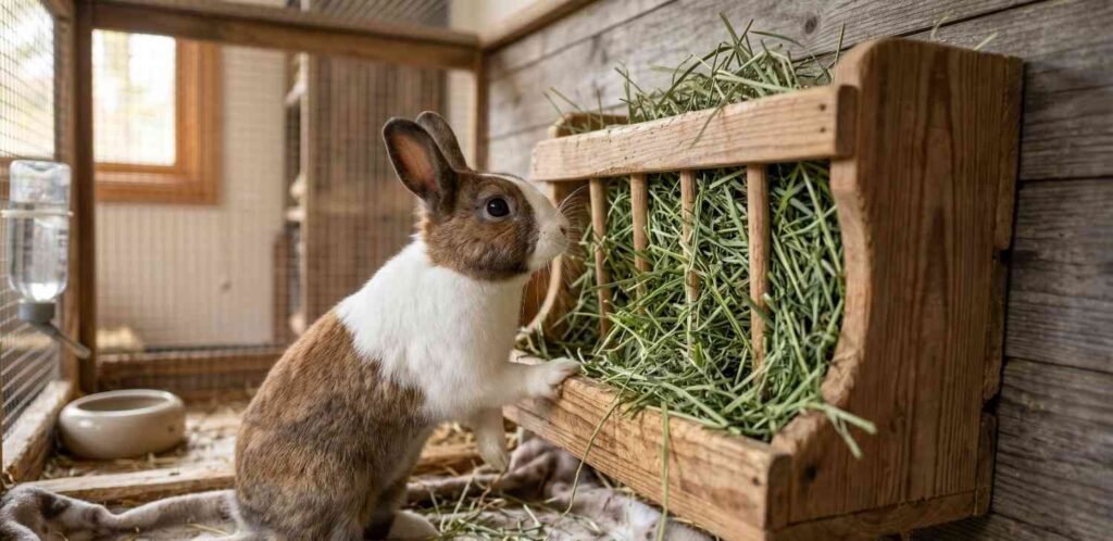 A pet rabbit looking eagerly at a large wooden feeder filled with fresh Timothy hay.