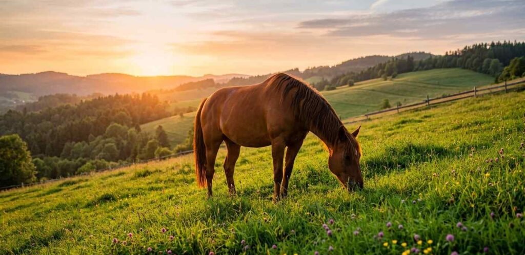 A beautiful brown horse grazes contentedly on a verdant slope at golden hour