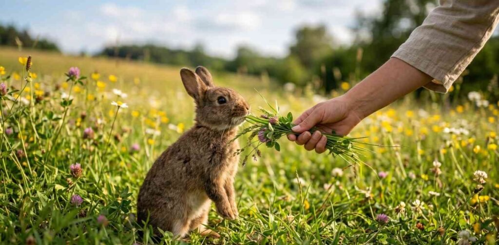 A person hand-feeding a small bundle of freshly picked meadow grass to a brown rabbit.