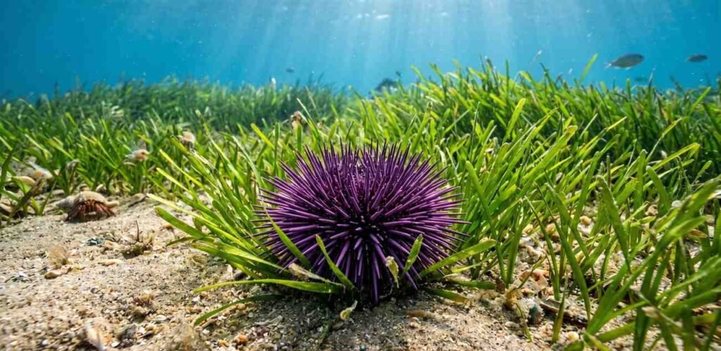A spiky purple sea urchin sitting among vibrant green seagrass blades on a sandy seabed.