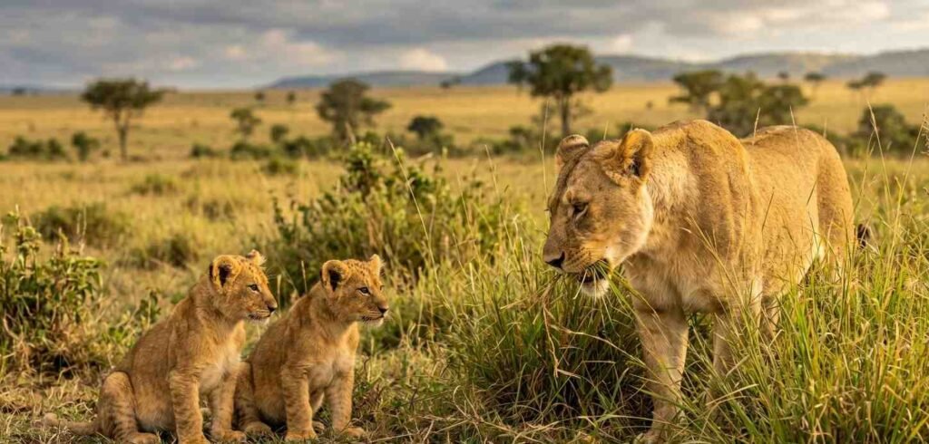 Two baby lion cubs see an adult lioness smell and munch tall grass