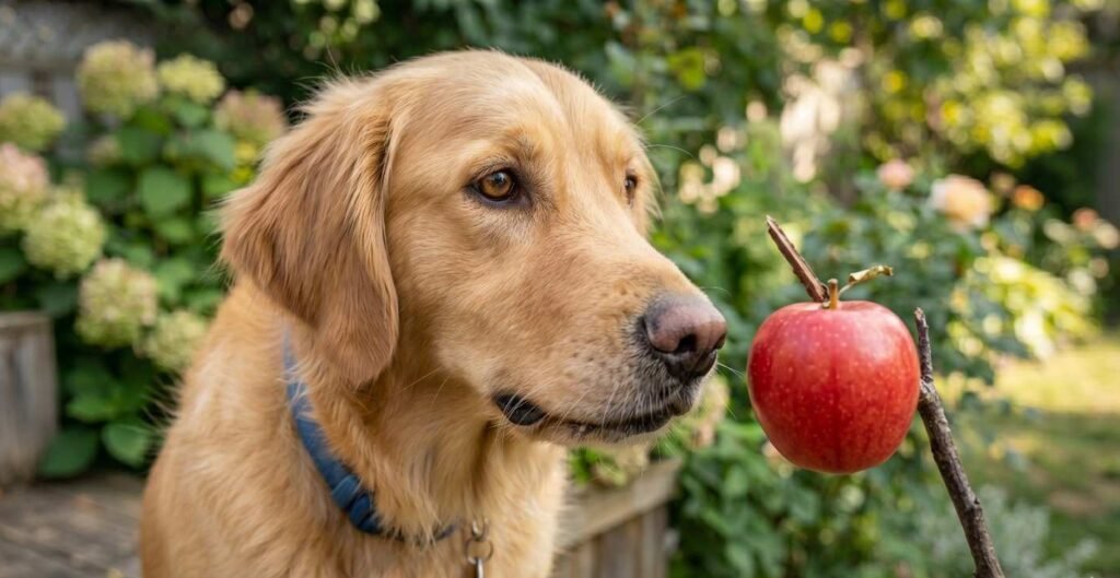 A joyful golden retriever sitting patiently outside, staring anxiously at a fresh red apple