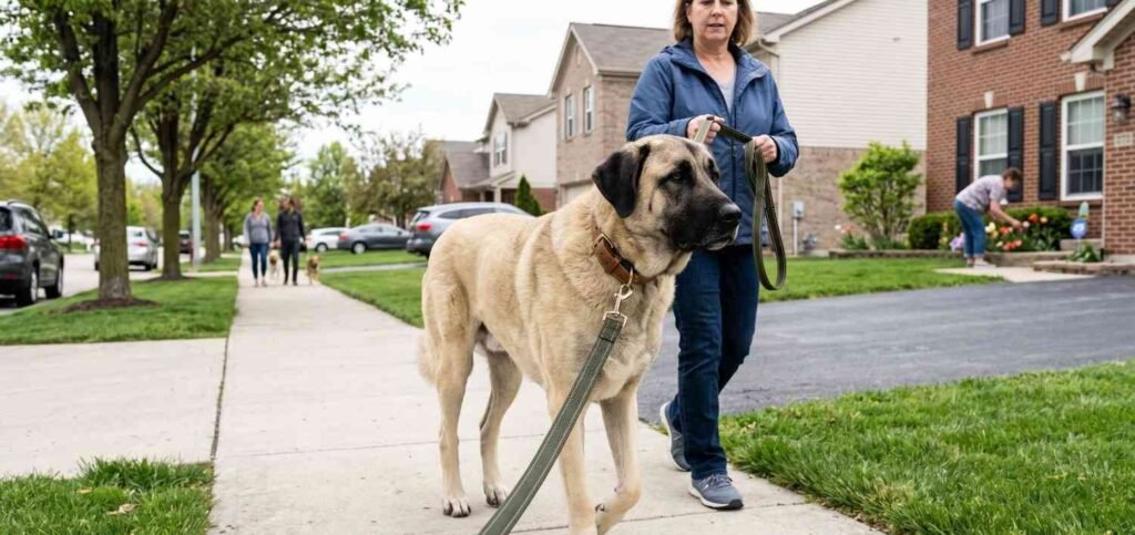 Large Anatolian Shepherd practicing socializing on a strong leash on a suburban sidewalk
