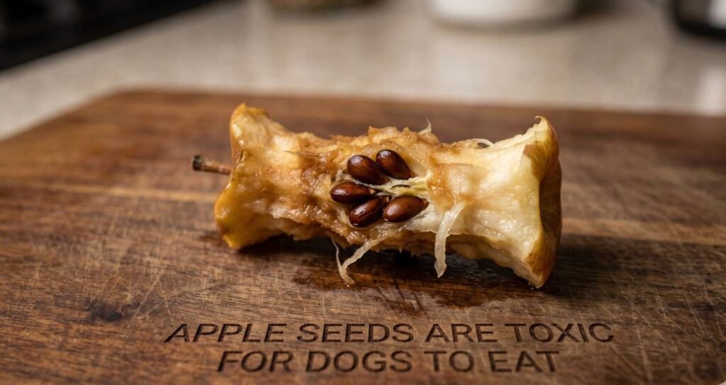 A closeup of an apple core with dark brown seeds on a cutting board, which are toxic for dogs to eat