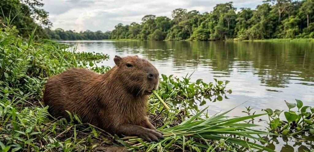 A massive brown capybara relaxing by the water, munching on some long green river reeds