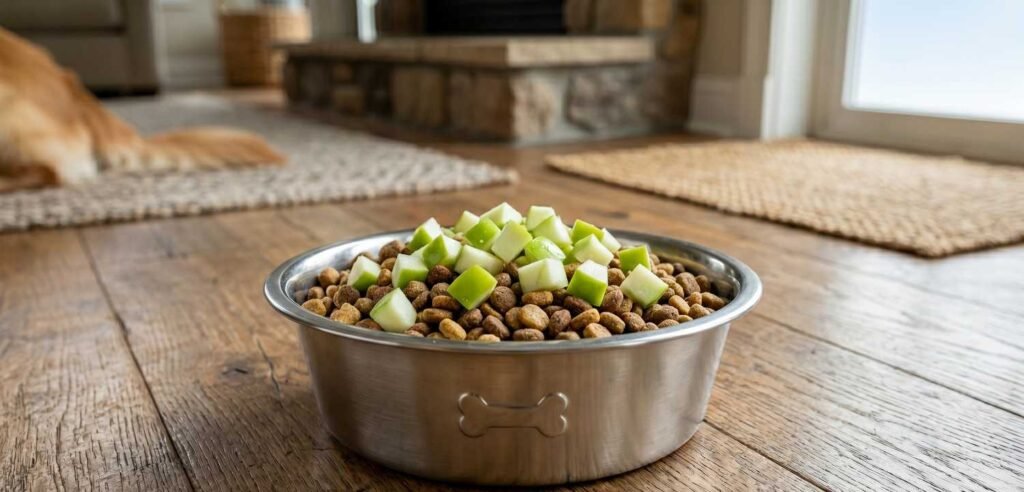 A stainless steel dog bowl filled with dry kibble and topped with small bite-sized green apple cubes as a nutritious topper for food