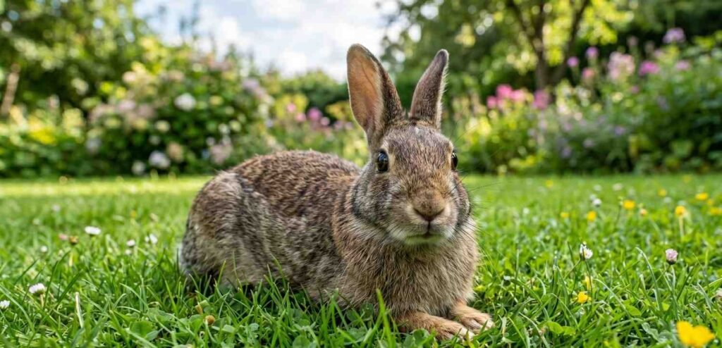 A healthy rabbit resting comfortably on a clean grass lawn with bright alert eyes.