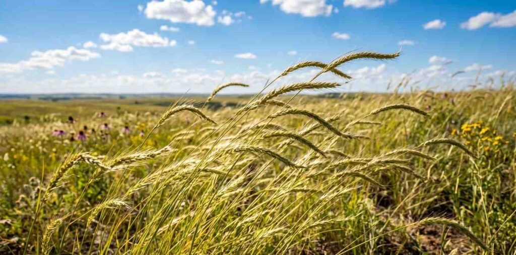A close-up view of native buffalo grass blowing in the wind on a sunny prairie