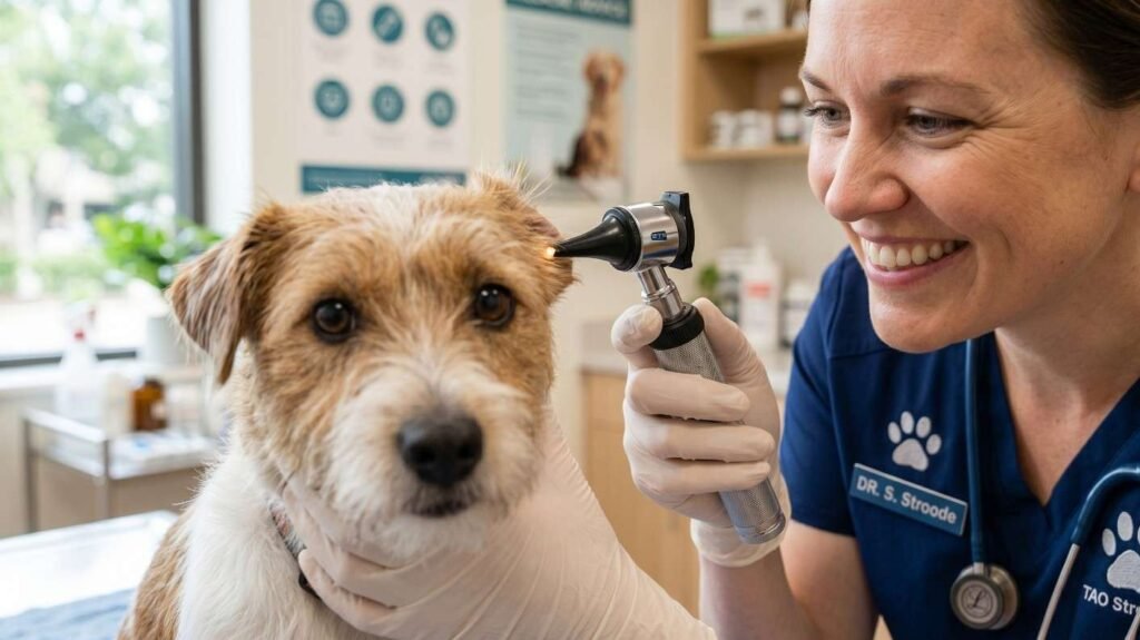 A cheerful vet in a bright clinic inspecting a little terrier dog, representing pet health safety and competent medical advice