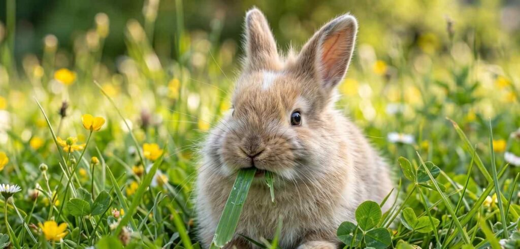 Close up of a fluffy bunny chewing on a thick blade of fresh green grass