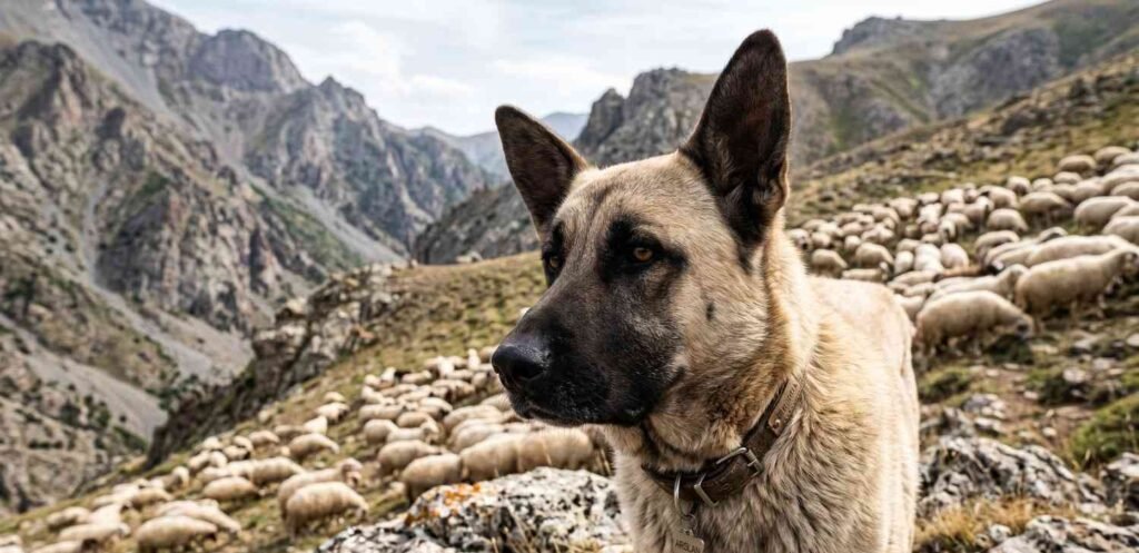 Large flock of sheep on a rocky mountainous field with an Anatolian Shepherd guarding